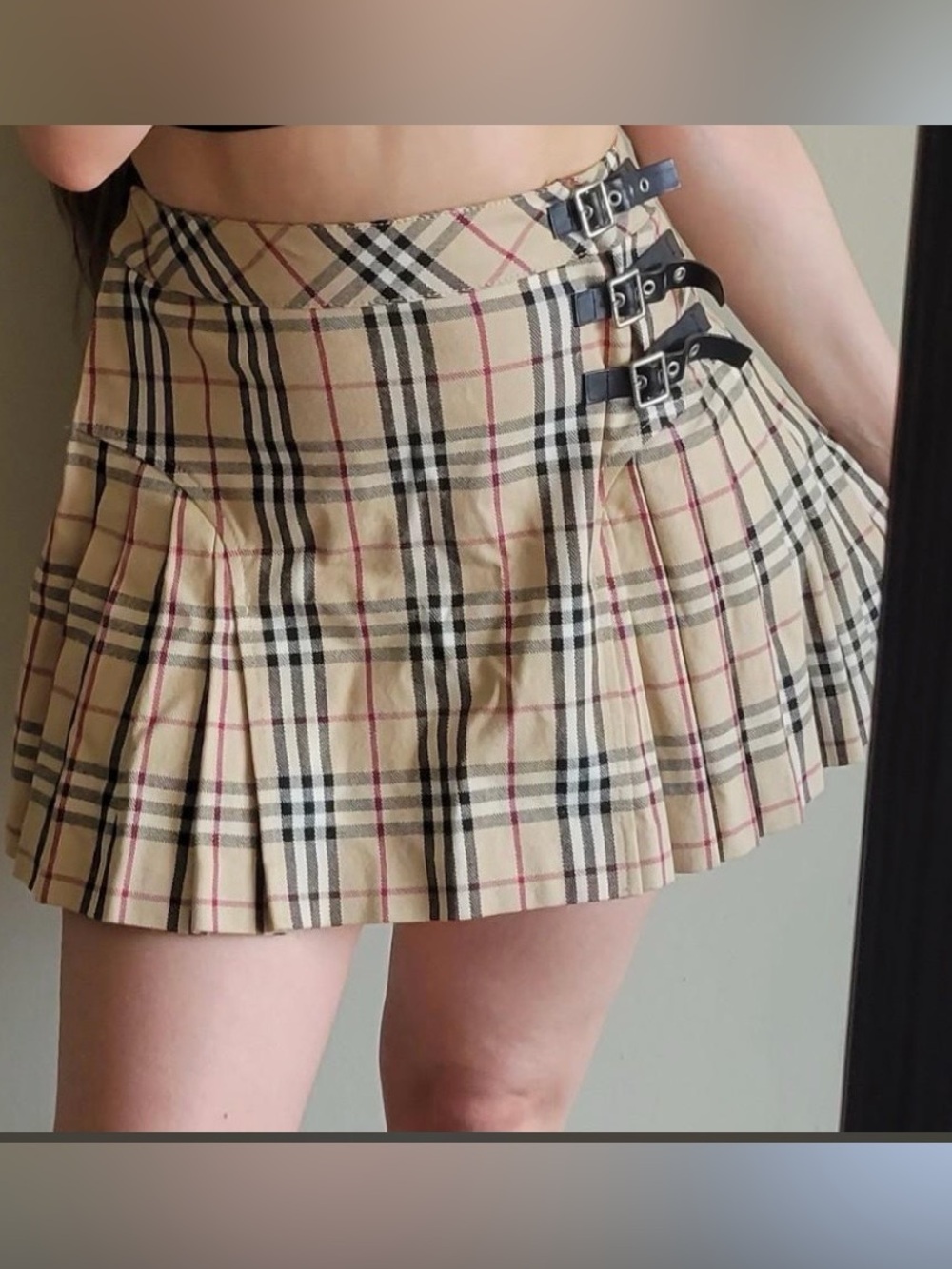 Burberry Beige Plaid Pleated Mini Skirt with Buckle Straps
